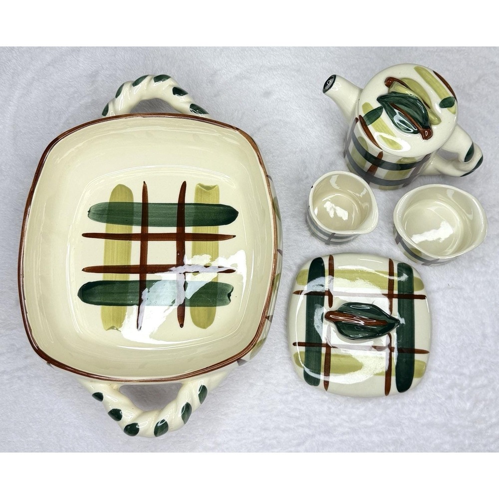 Blair Pottery Gay Plaid Hand Painted Ceramic Casserole Teapot Lot 6 Pcs 1950's